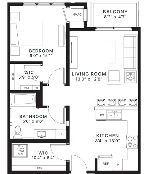 Floor plan for 1 bed, 1 bath, 760 sqft